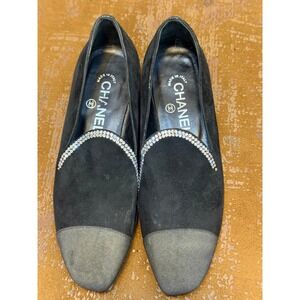 Chanel Black Suede Crystal Trim Cap Toe Loafers Flats G35833 Size 38